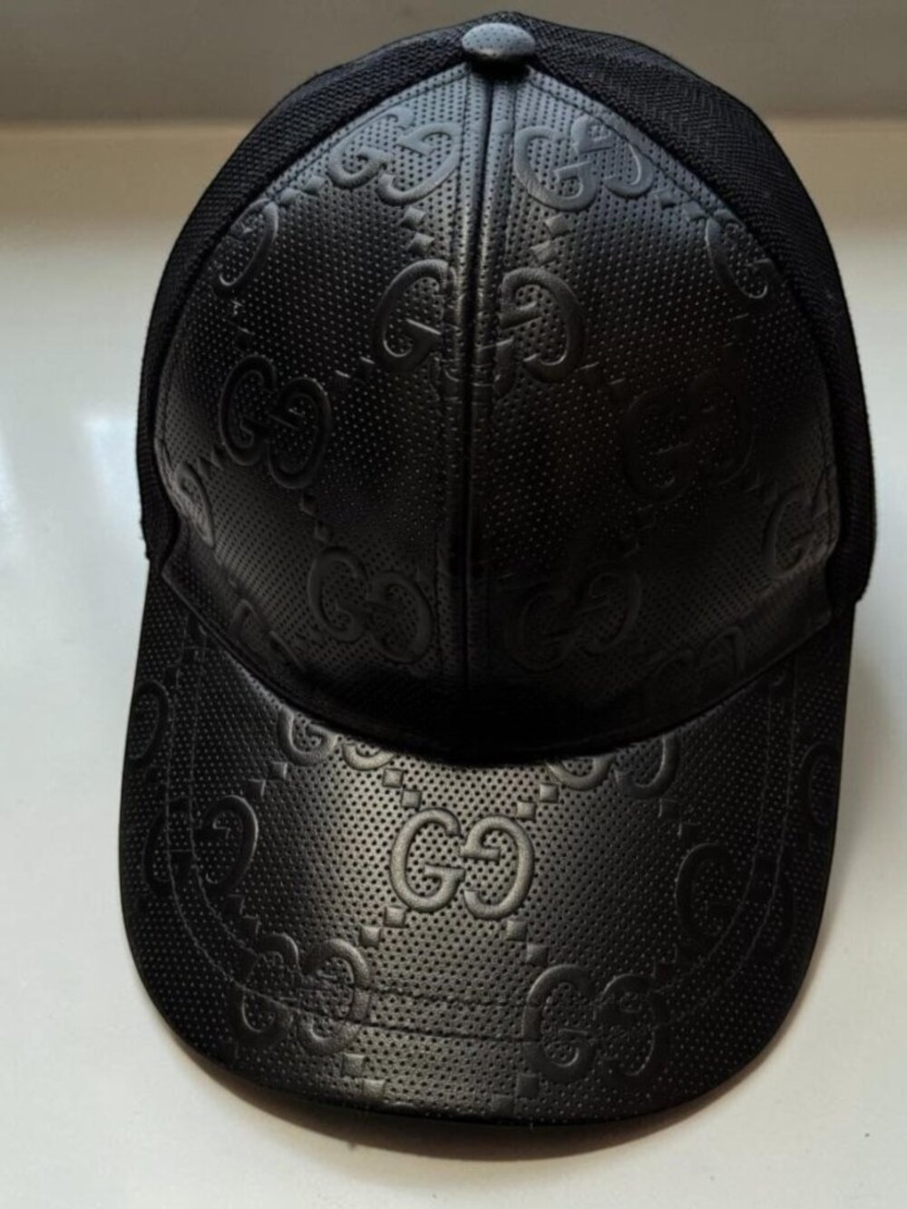 GUCCI GG Embossed Black Leather Mesh Trucker Baseball Cap Hat Italy + Dust Bag - Picture 4 of 10